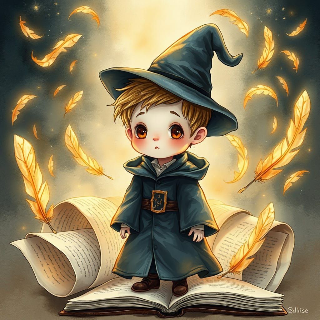 Little Wizard Surrounded by Whimsical Magic Feathers and Boo...