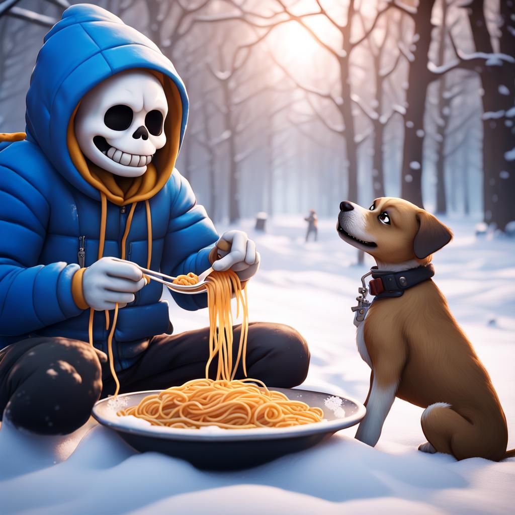 Sans from Undertale Eating Spaghetti, Hyper Realistic