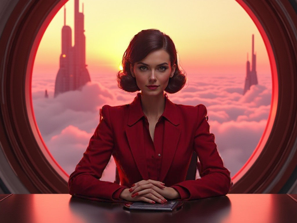 Elegant 1950s Businesswoman Rules with Authority in Red-Hued...