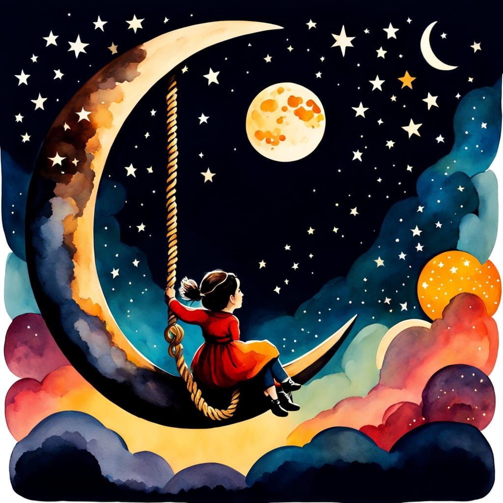Whimsical Nighttime Moon Climber in Vintage Storybook Style