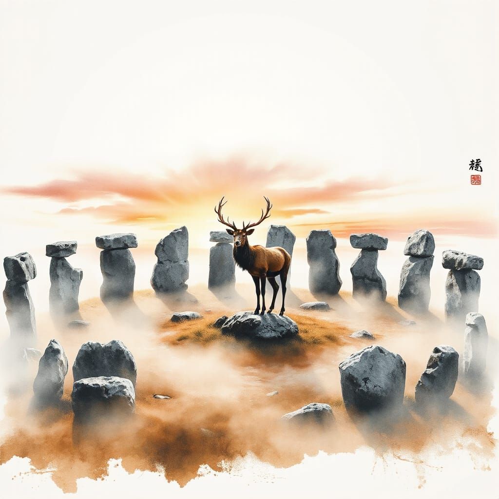 Mystical Celtic Dawn with Stag