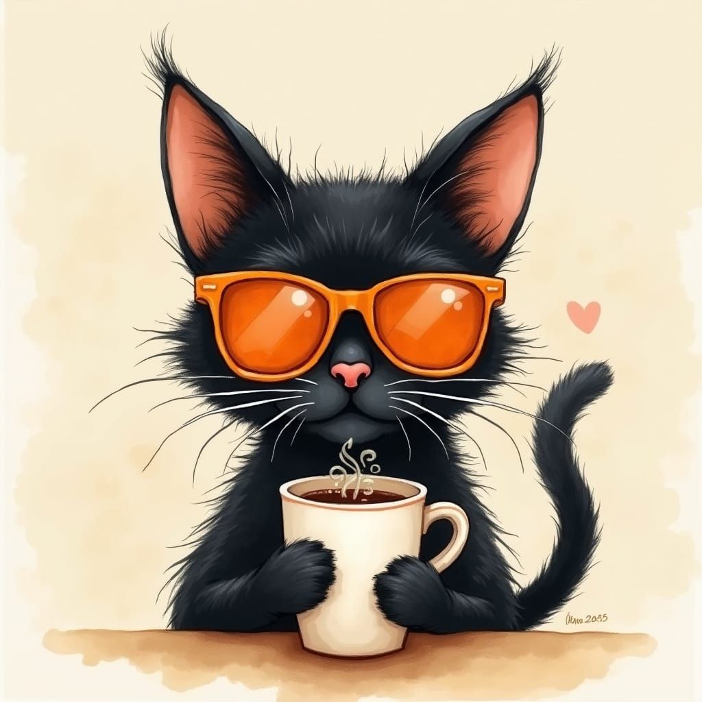 Stylish Black Cat Sipping Coffee in Watercolor Style