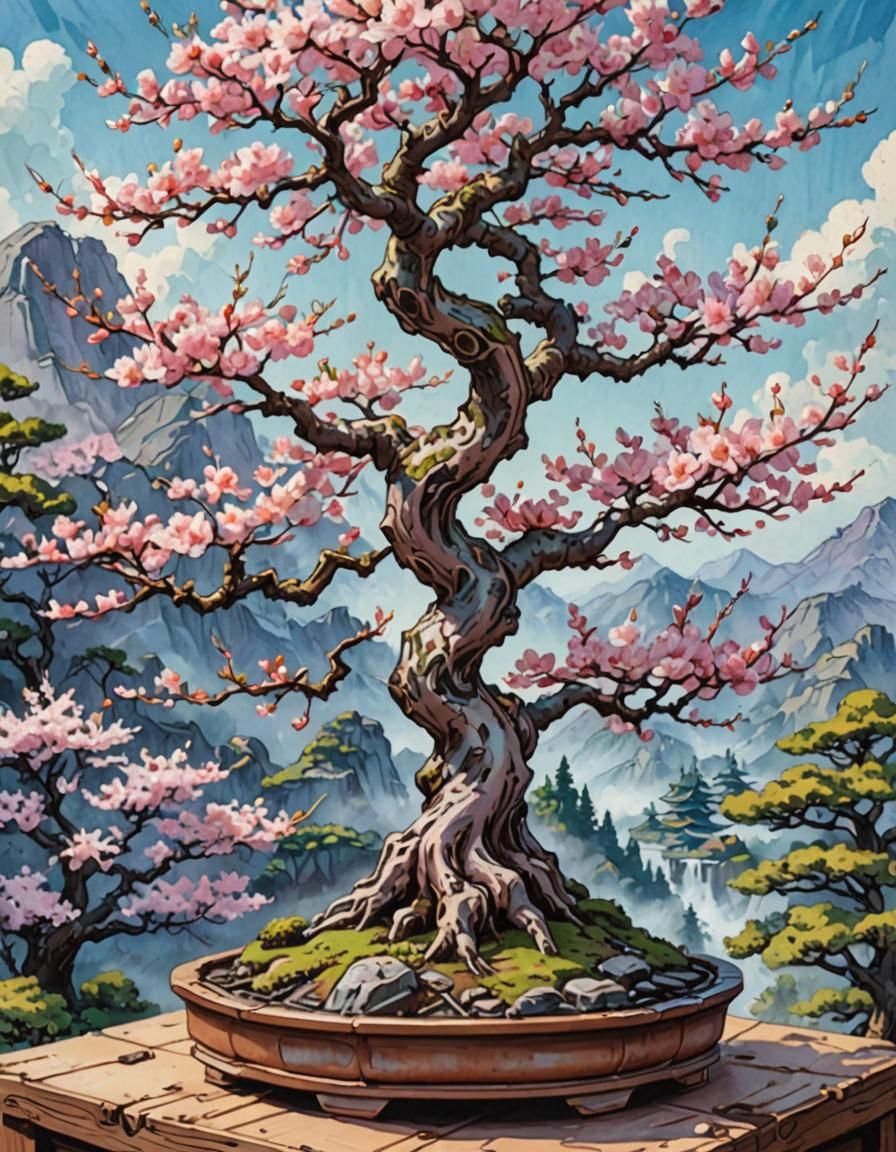Bonsai Cherry Blossom Tree in Gouache Style