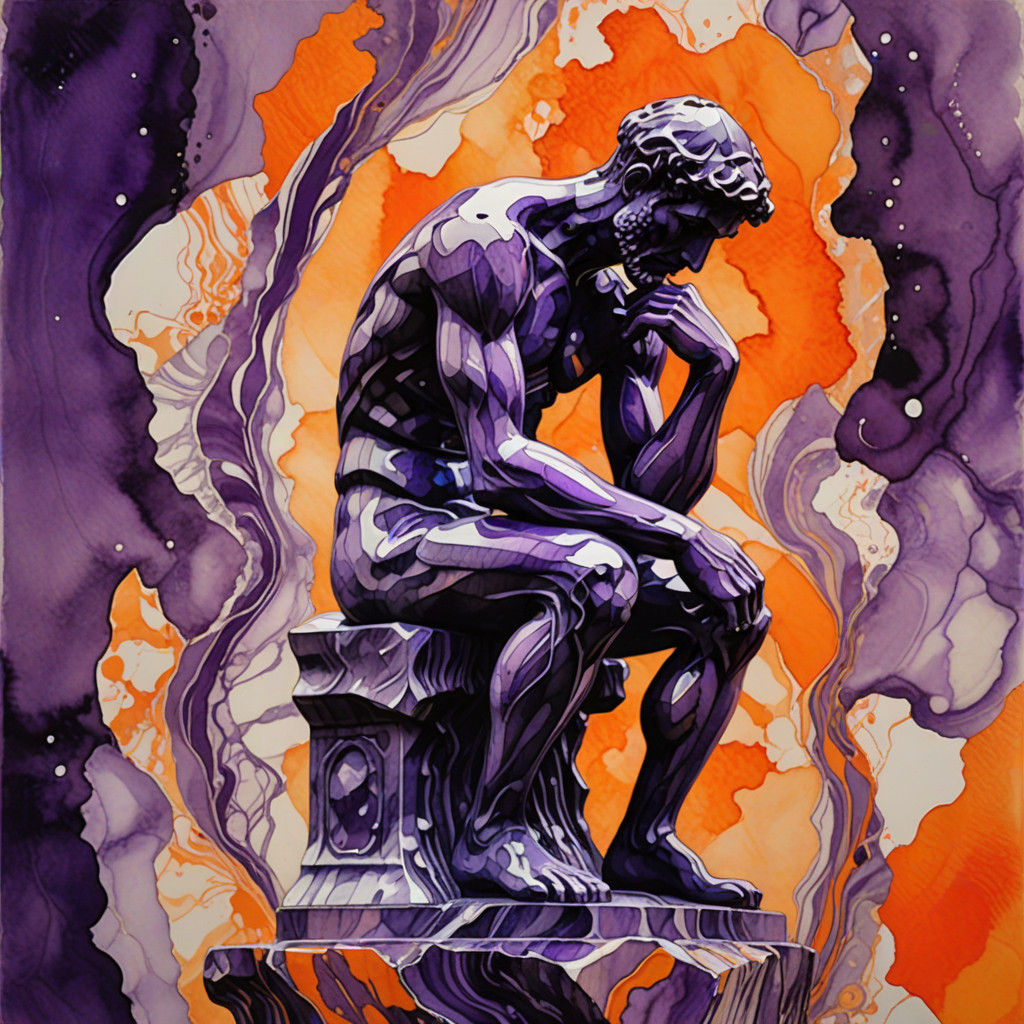 Surrealist Watercolour of Amethyst Thinker Silhouette in Ora...