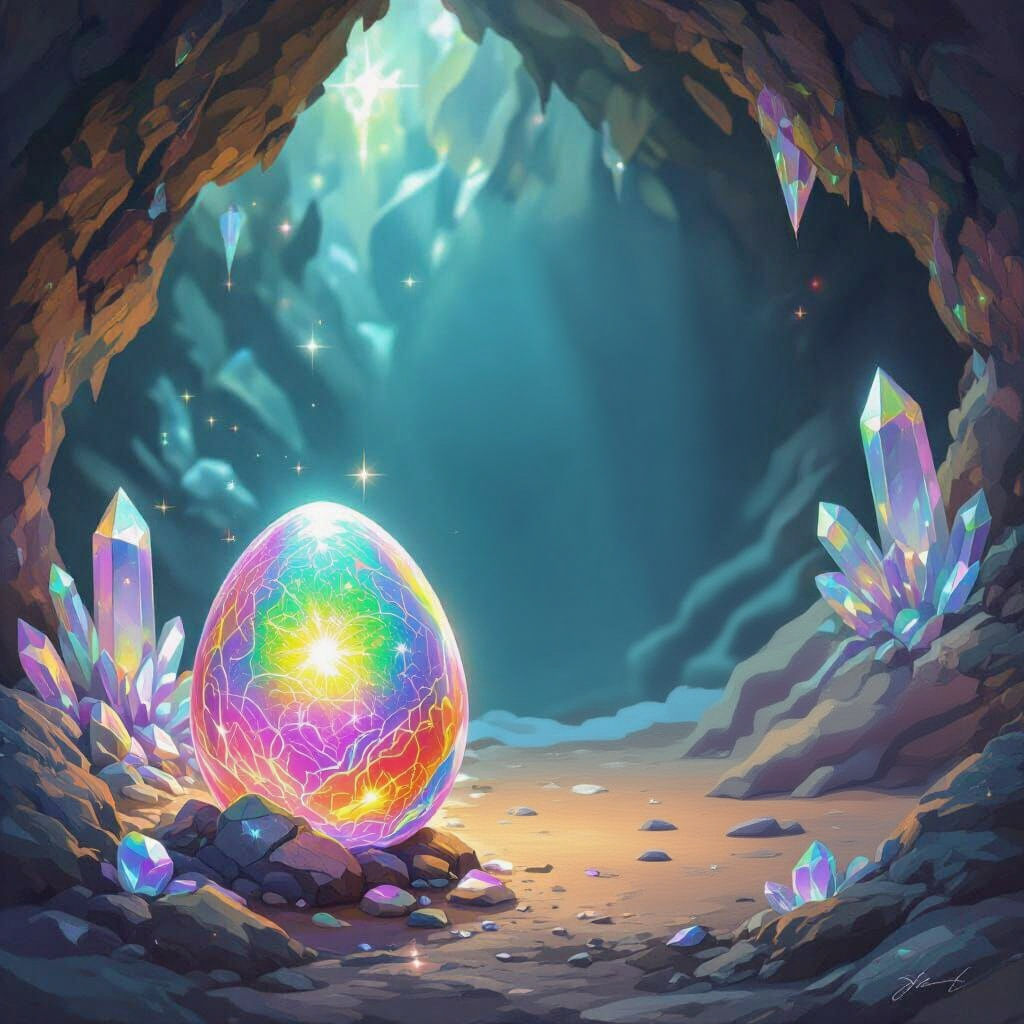 Fluffy Dog Dragon Egg Iridescent in Crystal Cave