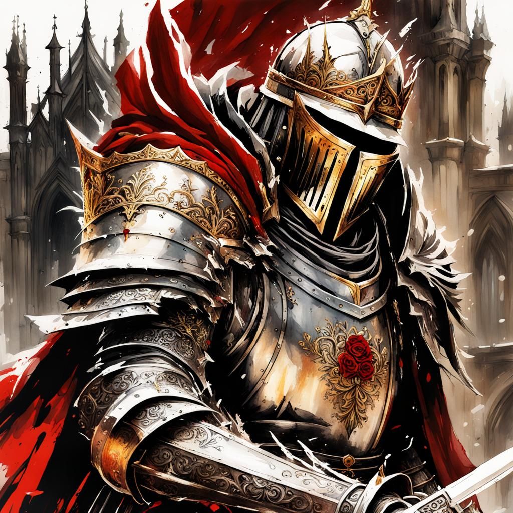 Gothic Knight in Snowy Field, Watercolor Dark Fantasy