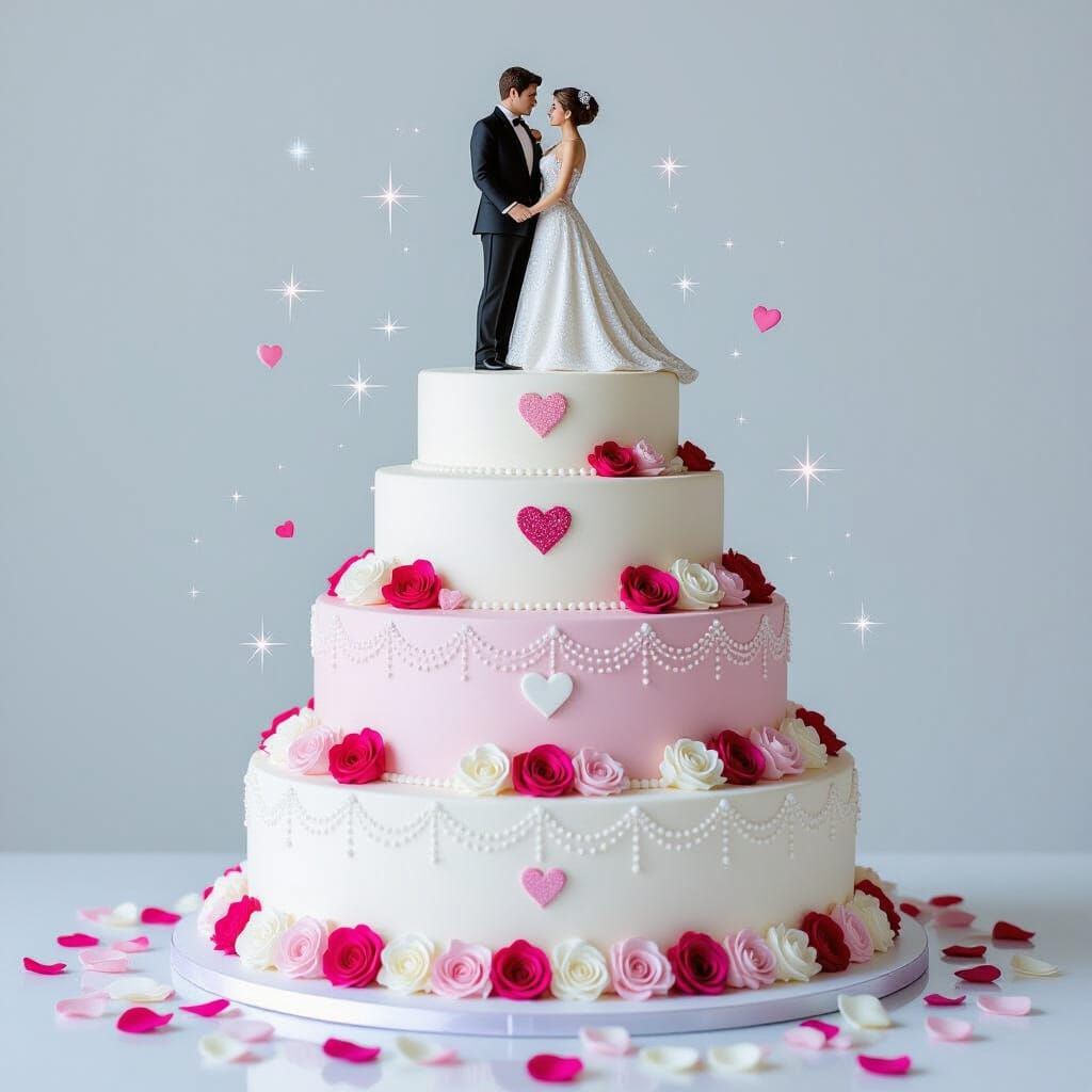 Romantic Couple on Elegant Pink Tiered Cake