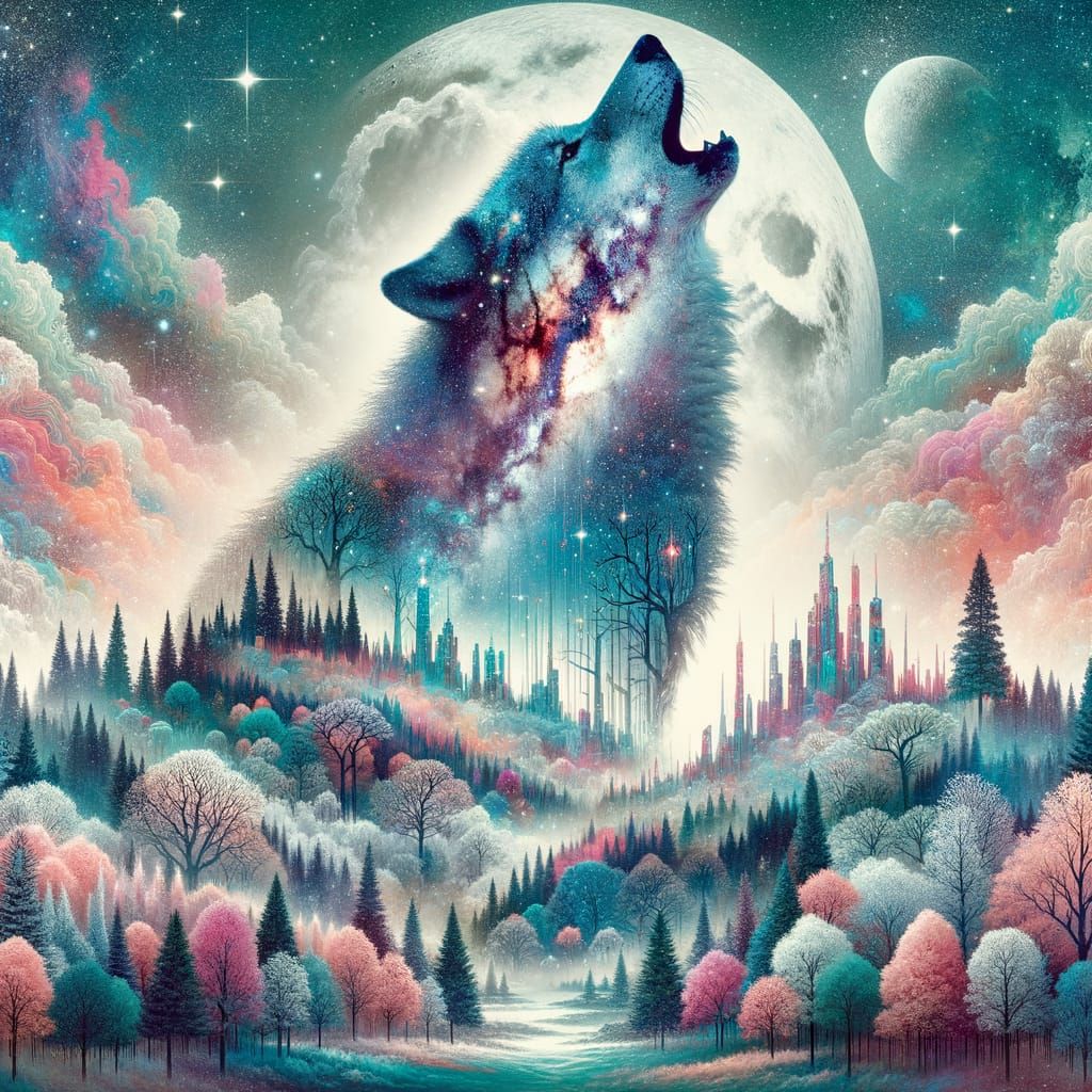 Surreal Galaxy Wolf Double Exposure