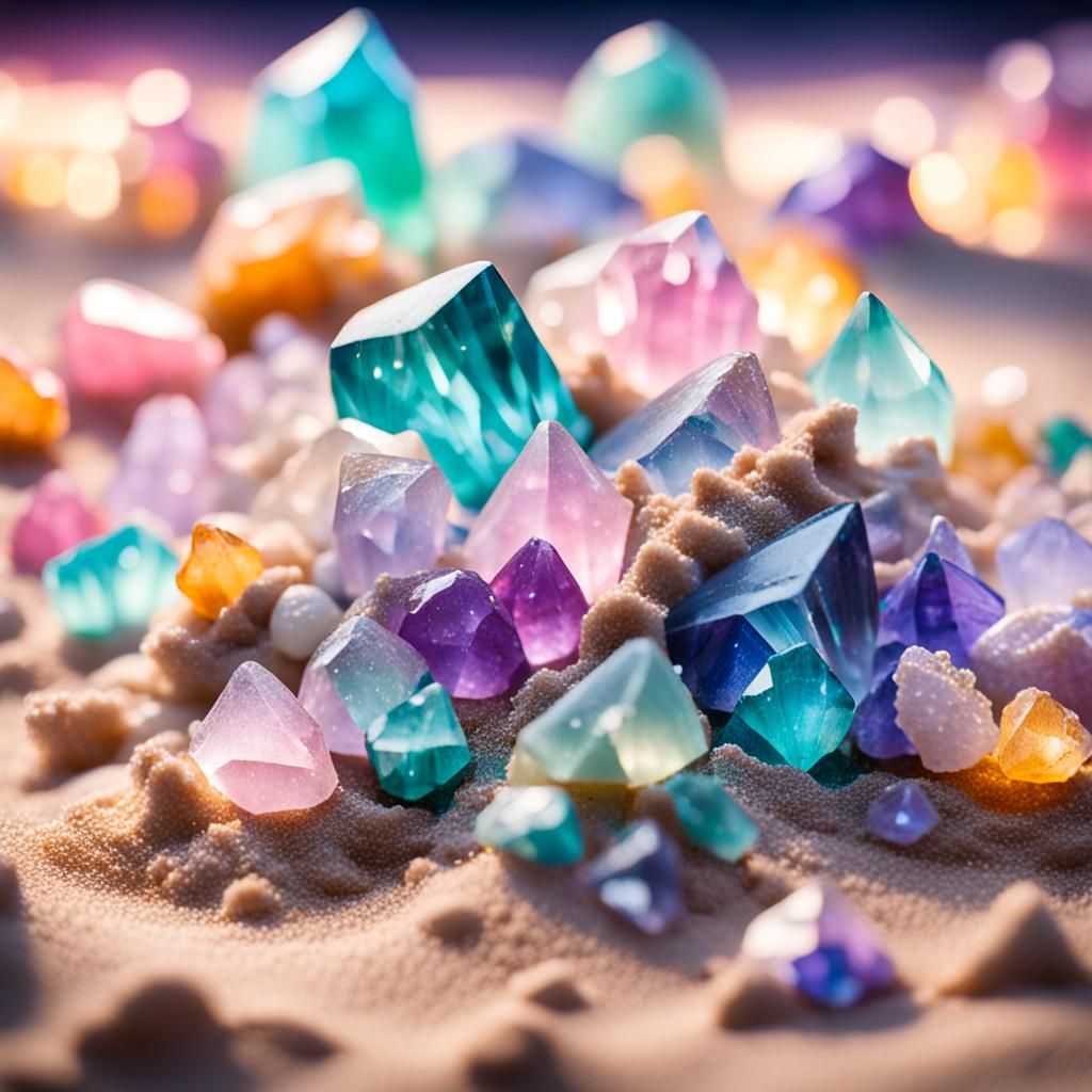 Pastel Crystals on a Beach at Night