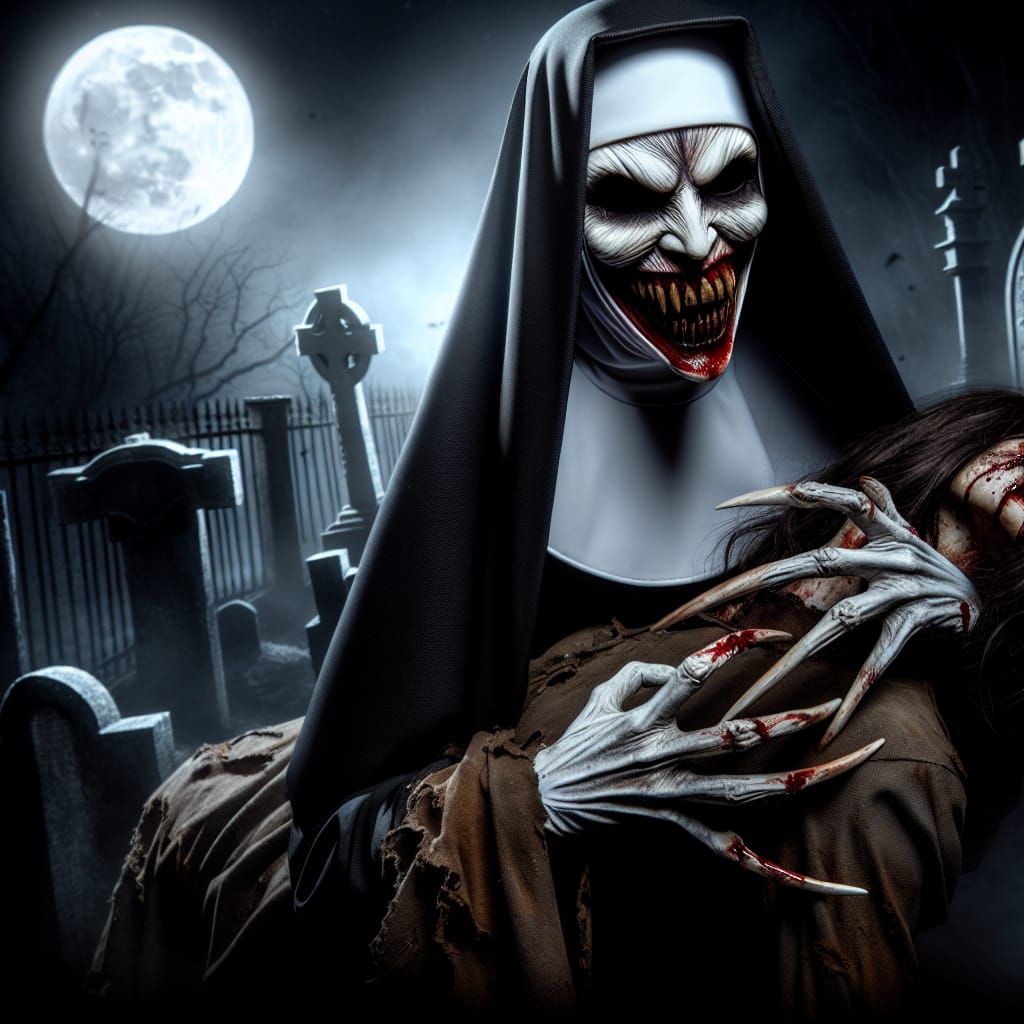 Eerie Nun Dragging Figure in Cemetery, Gothic Horror