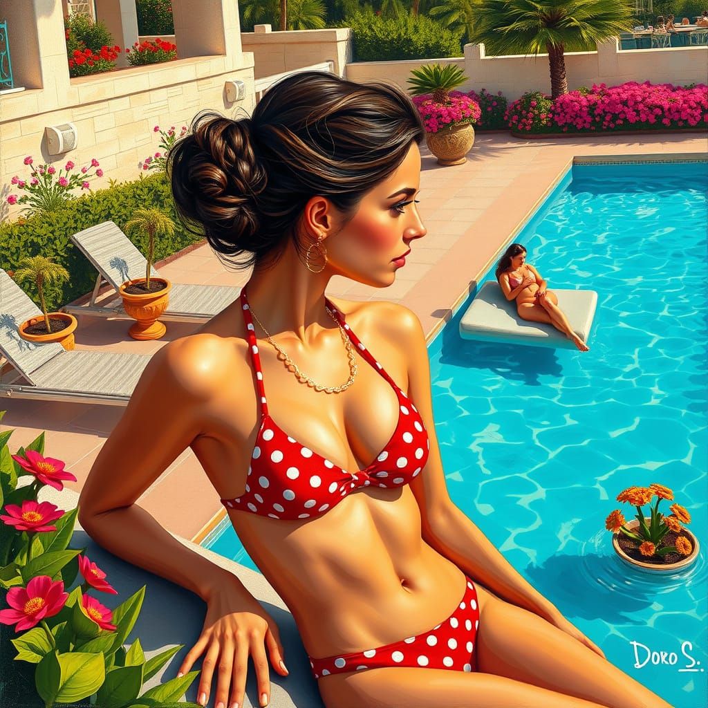 Serene Neo-Impressionist Pool Scene with Luxurious Details