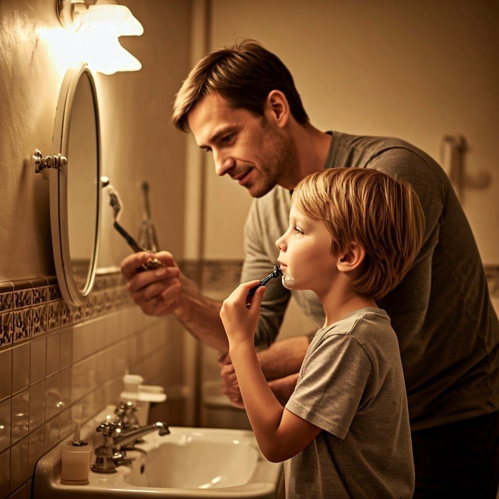 Father Teaches Son to Shave in Vintage Bathroom