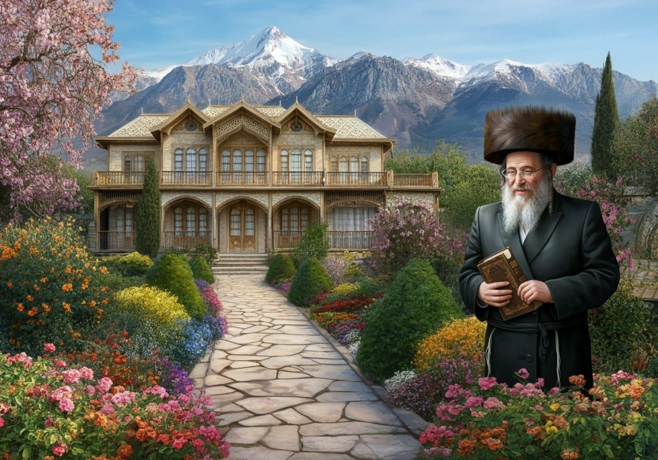 Hasidic Gentleman Strolls Through Serene Botanical Garden