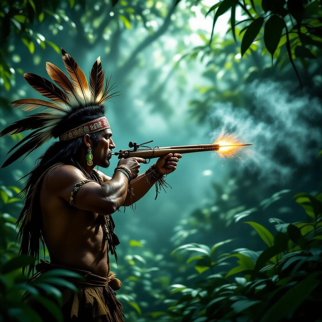 Amazon Tribesman Blowgun Mishap in Dramatic Light
