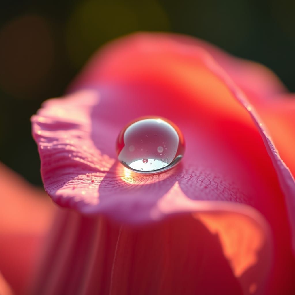 Dew Drop Reflects Rose Petal: Macrophotography in Golden Lig...