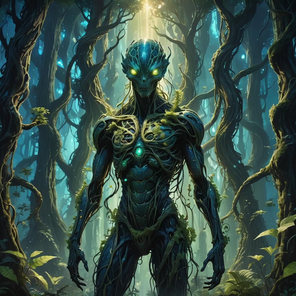 Alien Creature in Bioluminescent Forest: Dreamlike Anime Art