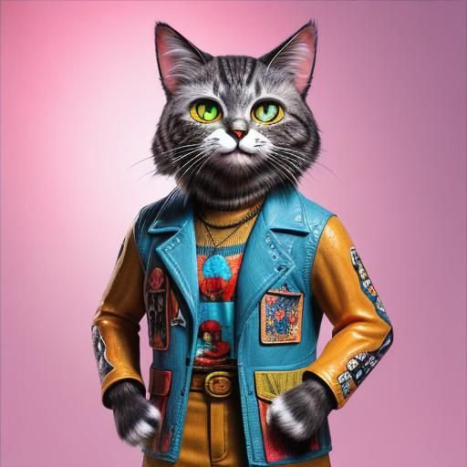 Hippie Cat Sculpture in Underground Comic Style