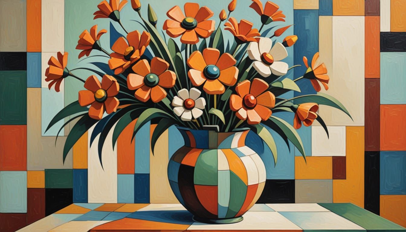 Abstract Floral Still Life in Art Deco Cubist Style