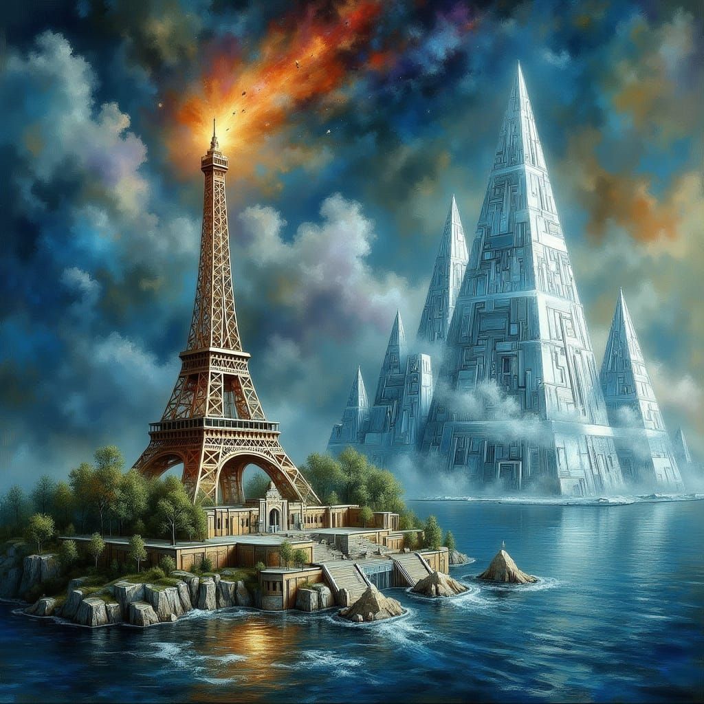 Eiffel Tower Inferno: Surreal Dystopian Voyage