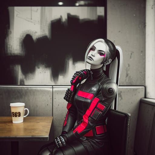 Cyber Goth Model in Moody Noir Coffee Shop