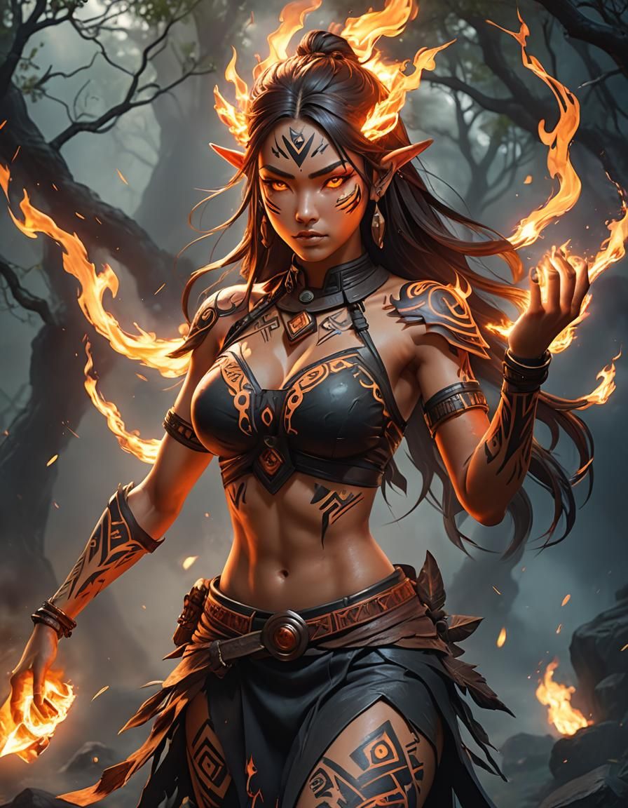 Fire Tribe Girl with Fiery Spirit in Anime Style