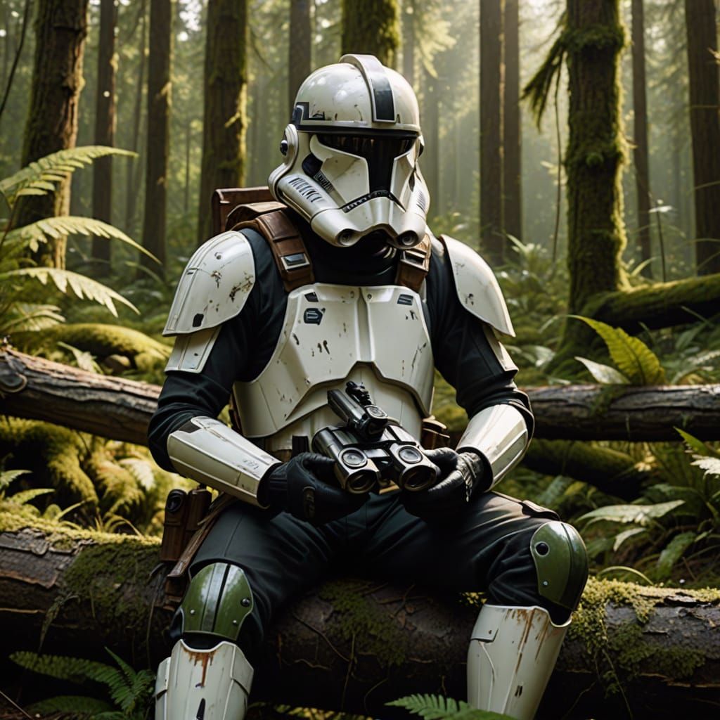 Scout Trooper in Forest, Realistic Cinematic Style