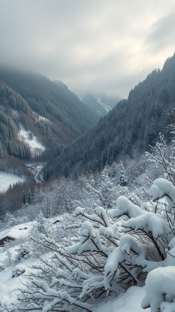 First Snowfall in Valley: Hyperrealistic Winter Scene