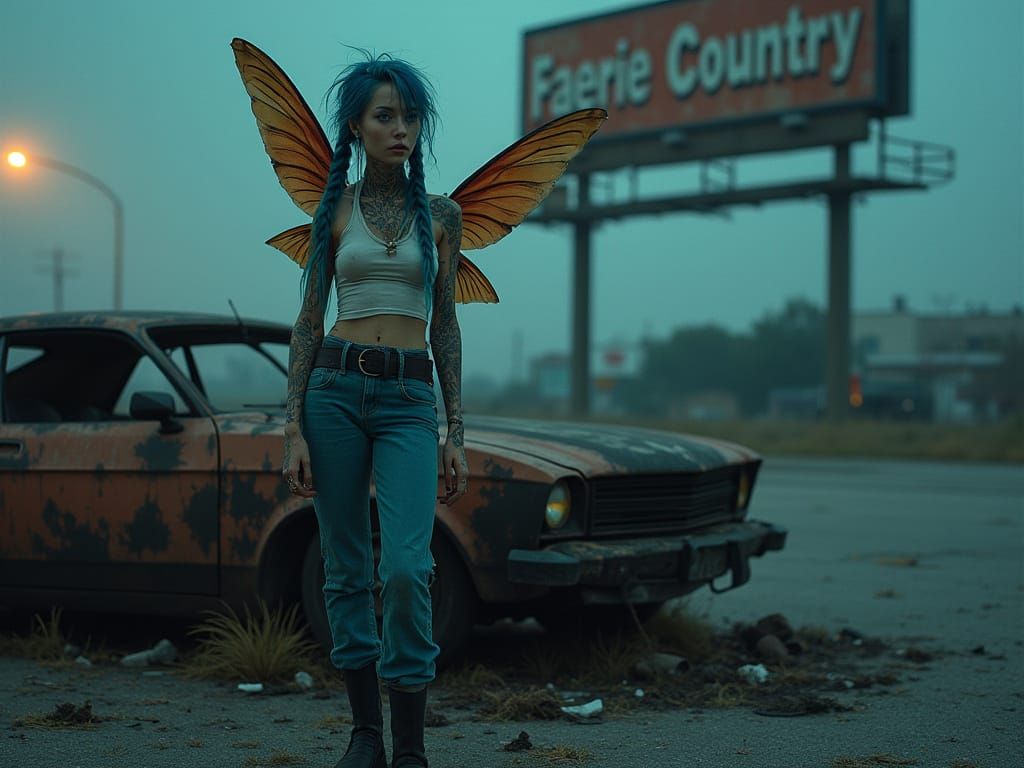 Gritty Faerie in Abandoned Dystopian Landscape