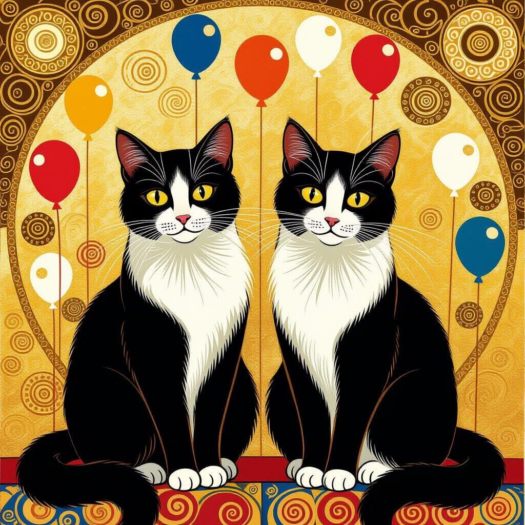 Dreamy Cats with Cream Hearts in Art Nouveau Style