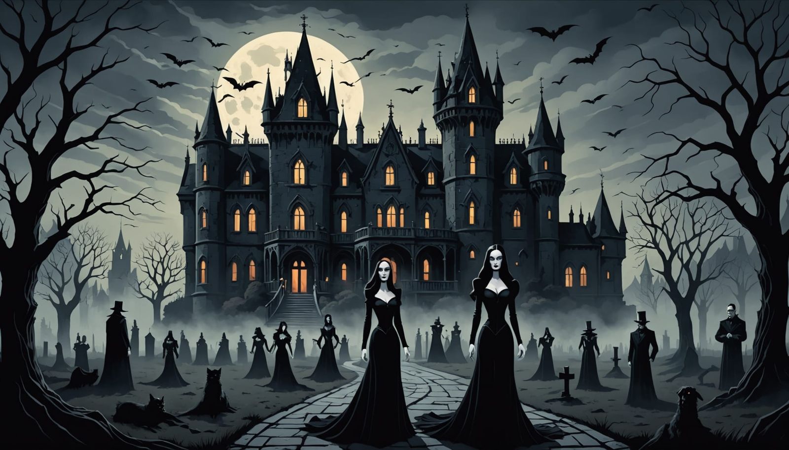Gothic Midnight Mansion with Shadowy Figures