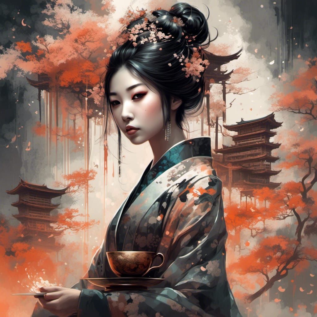 Geisha Making Tea: Ink Masterpiece with Botanical Art