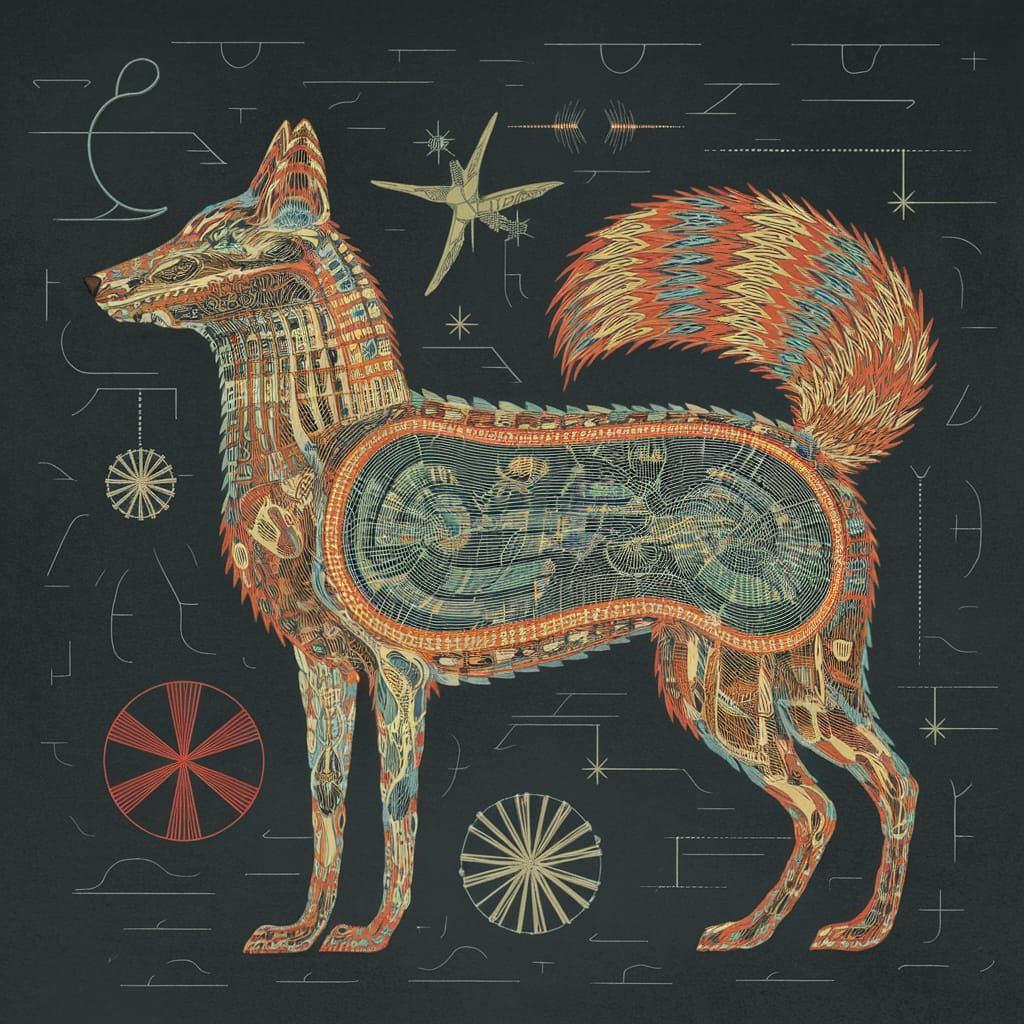 Surreal Futuristic Fox Anatomical Diagram in Vibrant Colors