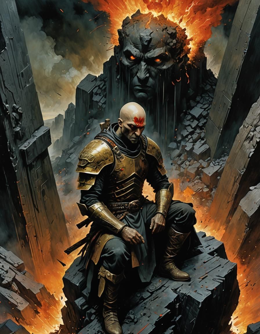 Warrior Gazes into Abyss: Illustration in Dark Palette