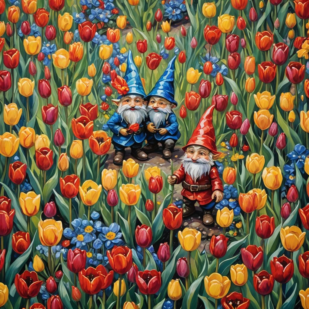 Gnomes and Multicolored Tulips as Abstract Oil Painting