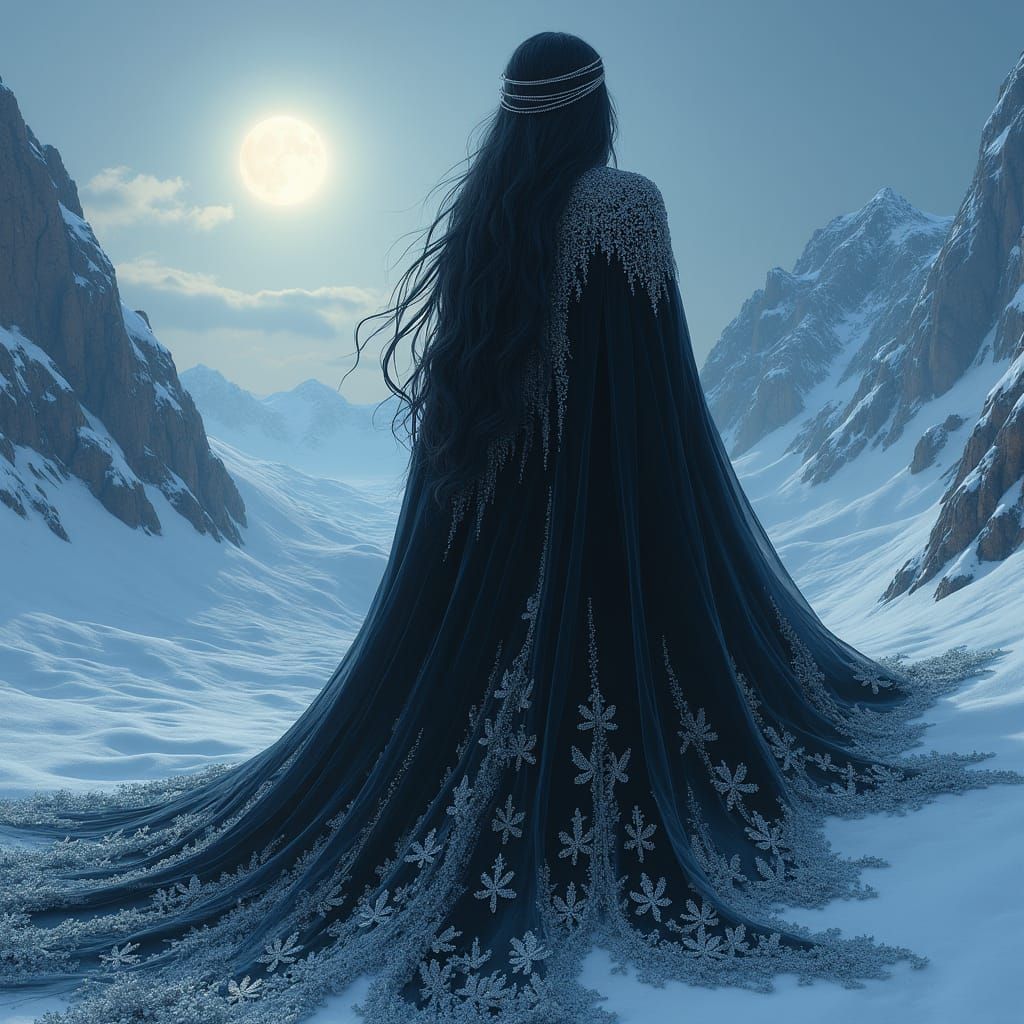 Icy Goddess in Dark Fantasy Landscape