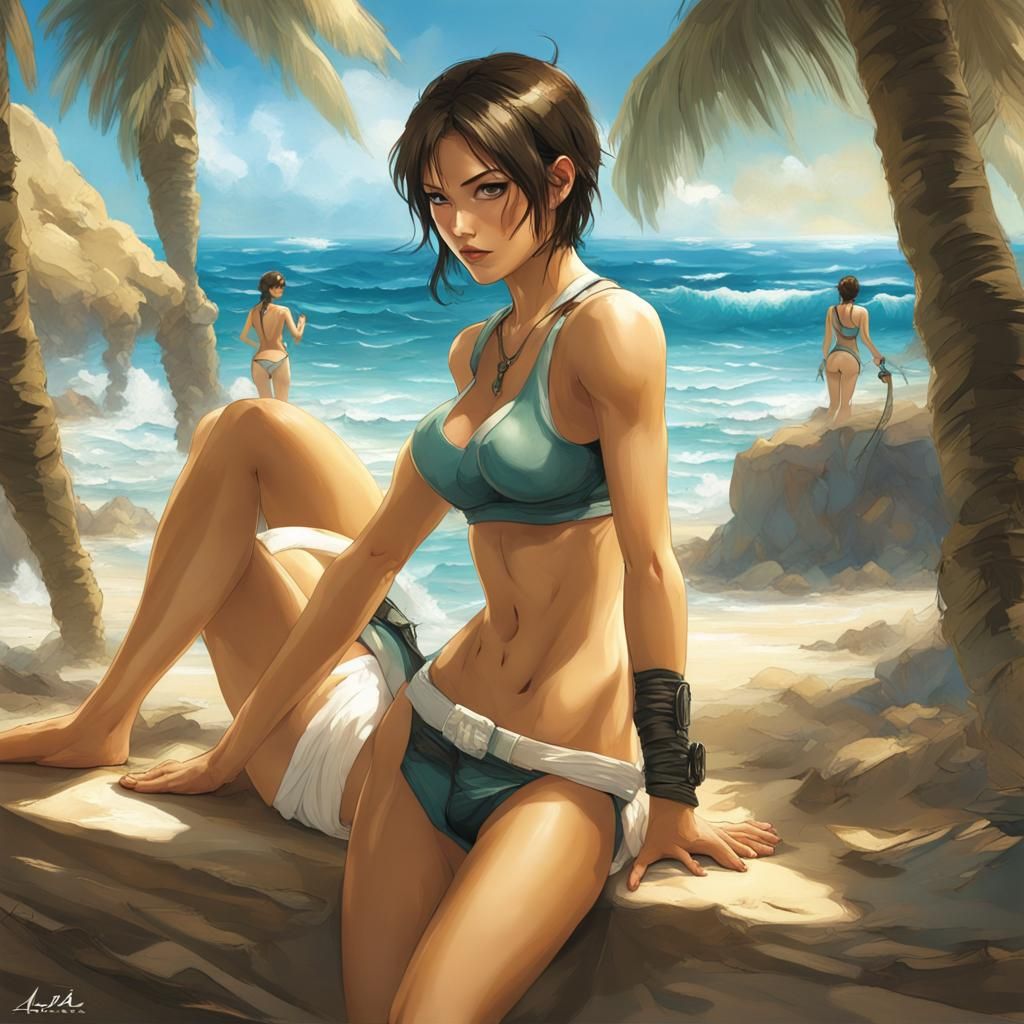Lara Croft and Ada Wong on a Sunny Beach