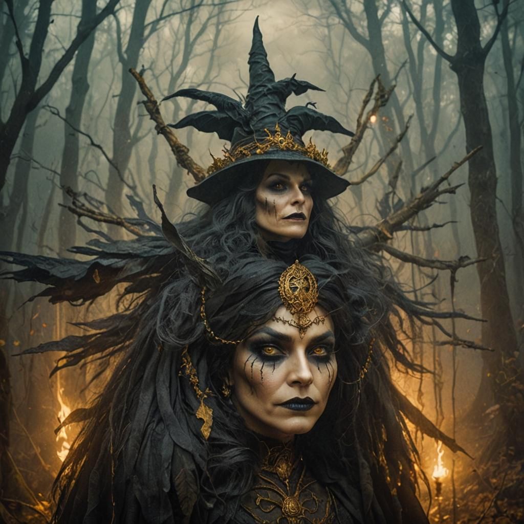 Gothic Witch Goddess in Misty Forest