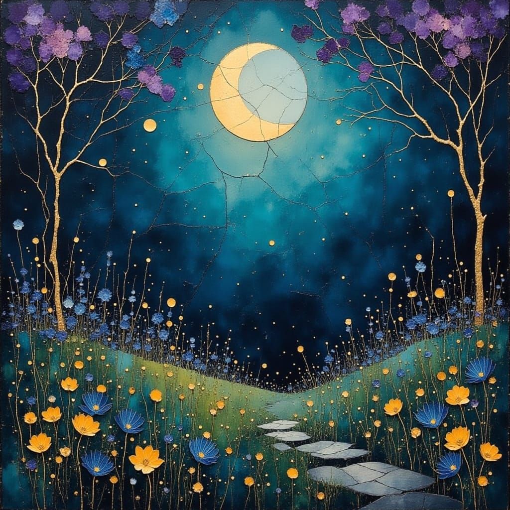 Klimt-Inspired Art Nouveau Painting of Moonlit Garden
