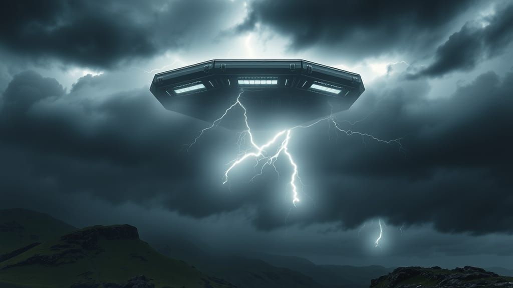 Alien Spaceship Over Scottish Highlands in Storm