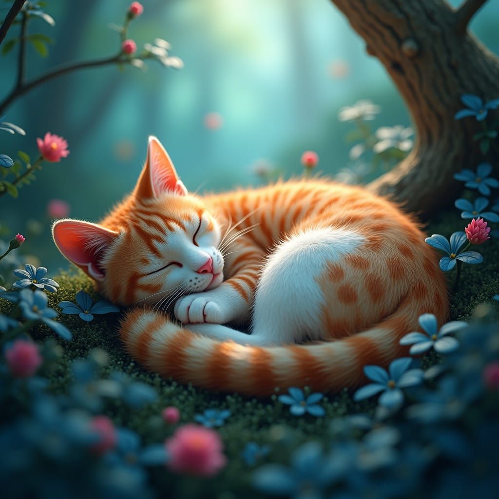 Cat Nap in Mystical Forest, Atmospheric Matte Painting