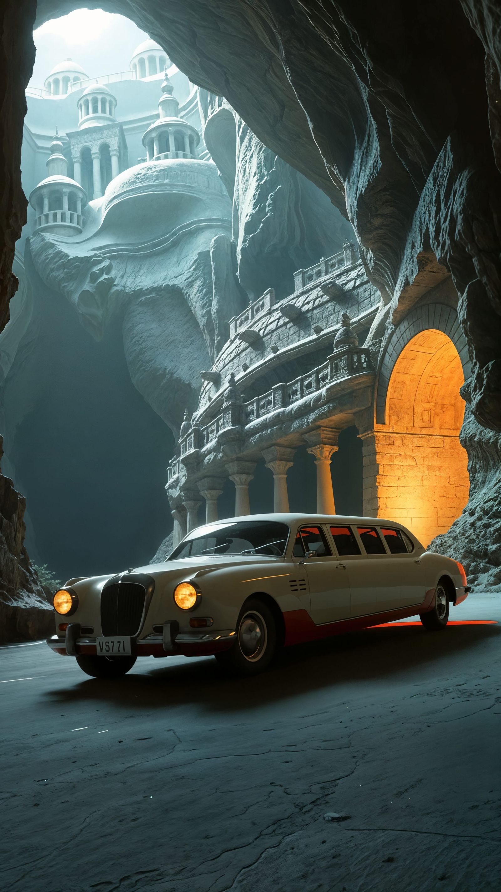 Steampunk Limousine in Gigantic Stone Cave
