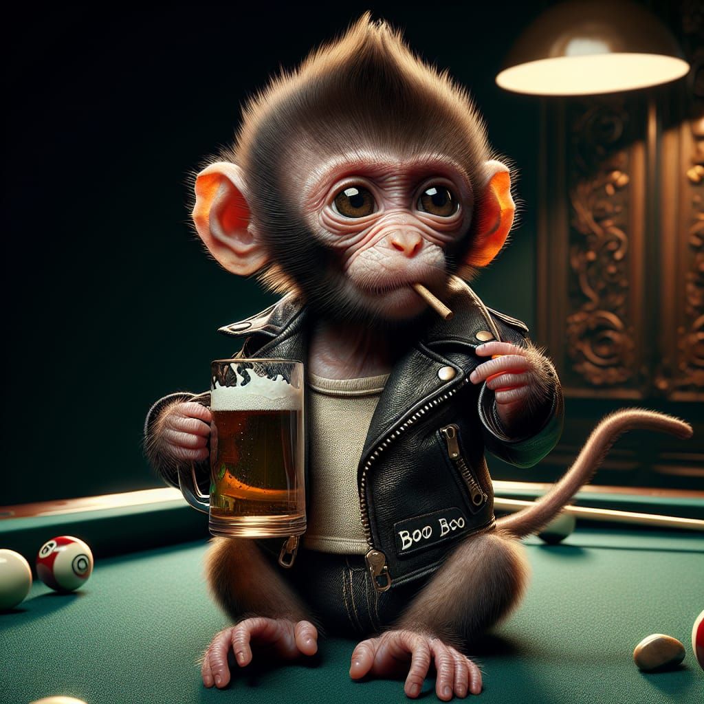 Monkey in Leather Jacket Drinking Beer: Photorealistic Image