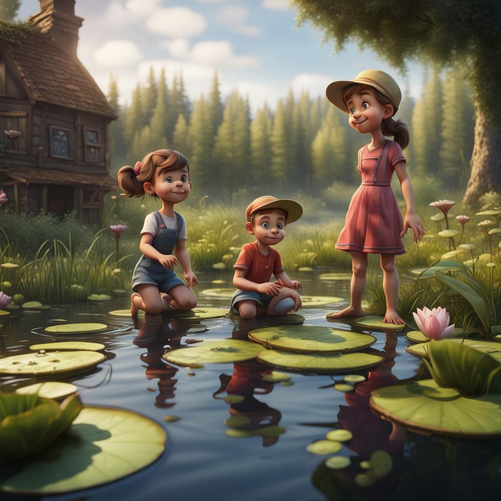 Pixar Style Children Playing by Lily Pad Pond
