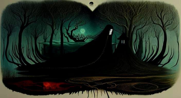 Surreal Woman Floats Near Cabin in Dreamlike Forest