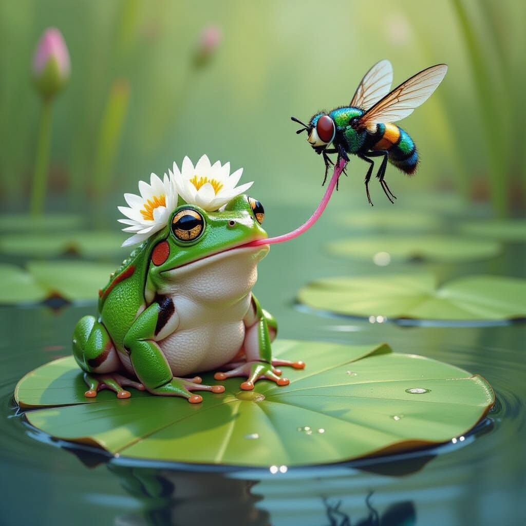 Frog with Lily Crown and Blow Fly, Dreamlike Art