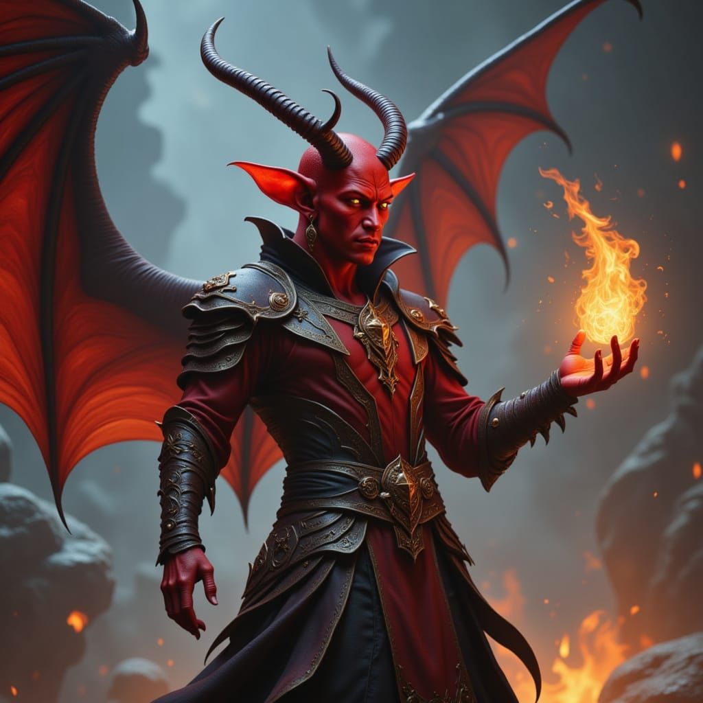 Guillermo del Toro. A red skin tielfing with <small stag ant...