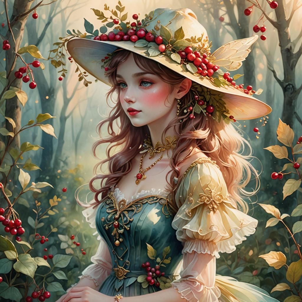 Enchanted Fairy Gathering Cranberries in Dreamy Forest