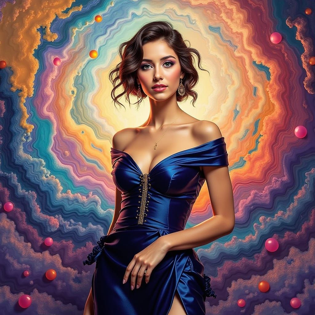 Elegant Woman in Whimsical Murakami-esque Setting