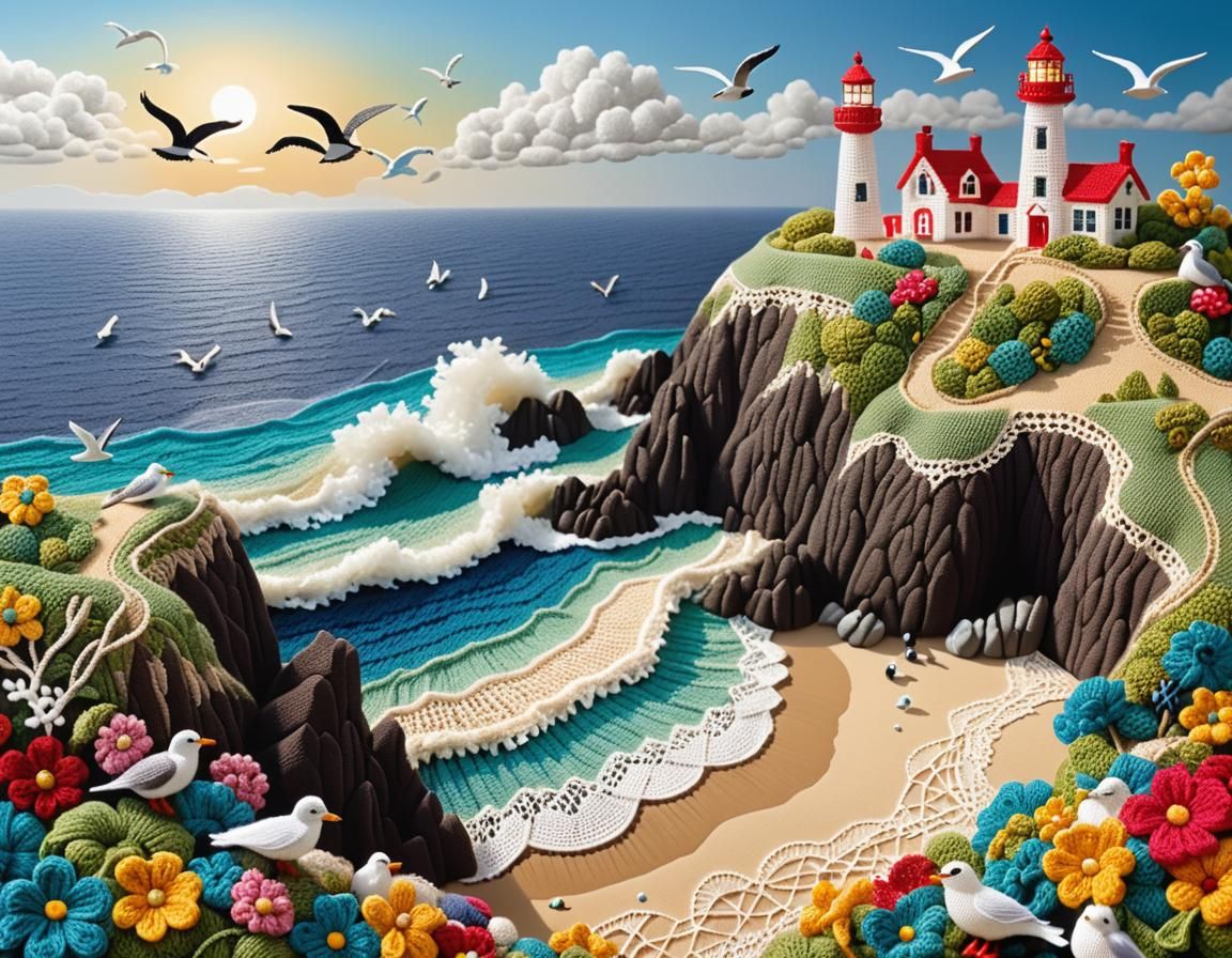 Crochet Seashore Scene with Lighthouse and Seabirds