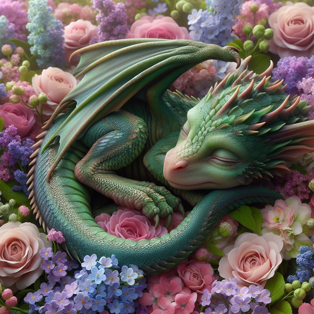 Sleeping Verdant Dragon in Pastel Flower Bed